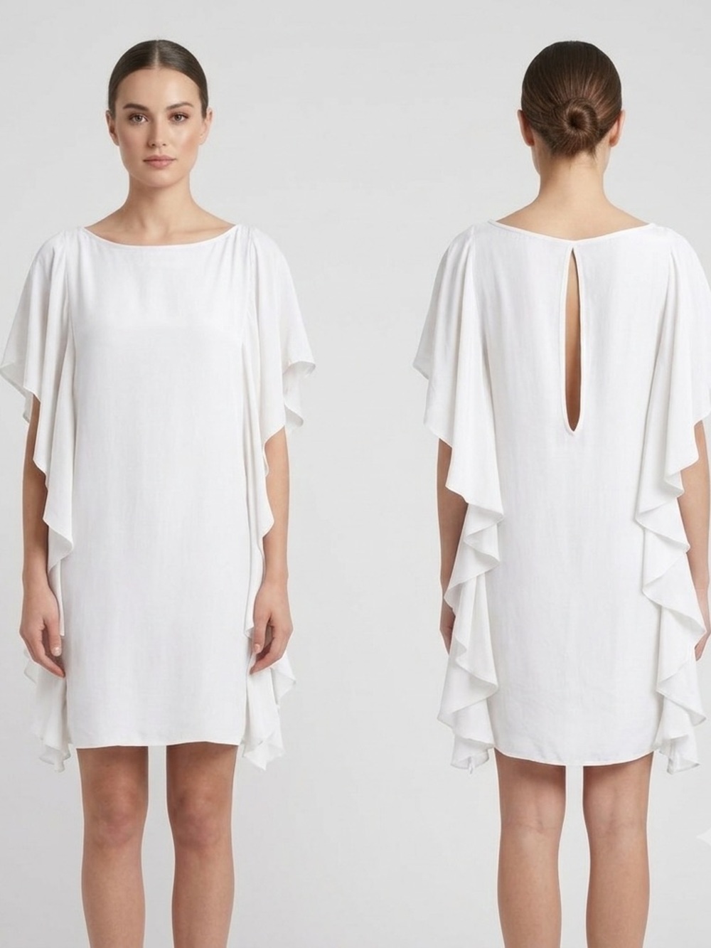 Indah White Caftan Mini Dress Flutter Sleeve Keyhole Back Bali Size S Resortwear